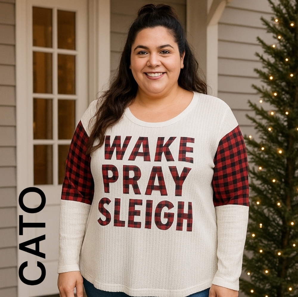 Cato • Christmas Top "Wake Pray Sleigh" Waffle Knit | Buffalo Plaid | 2X 18/20 - Picture 1 of 9